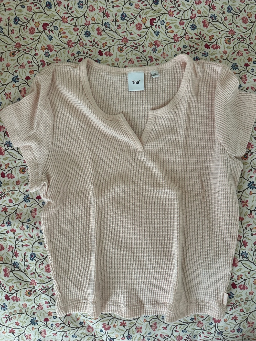 TNA Light Pink Waffle-Knit Short Sleeve Notch Top